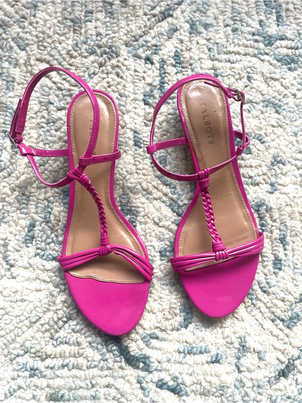 Talbots Womens Bright Fuchsia Braided T-Strap Heeled Sandals Wedges Size 9.5